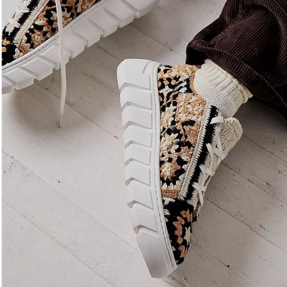 Free People Crochet Floral Sneakers in Black, Cream, Gold